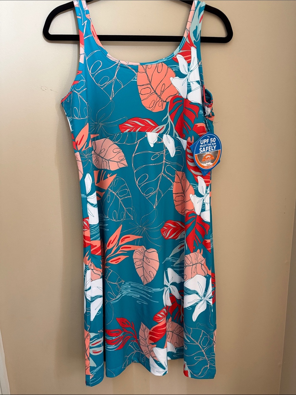 Columbia Teal Omni-Freeze Sundress with Coral and White Leaf Print - Picture 3 of 4